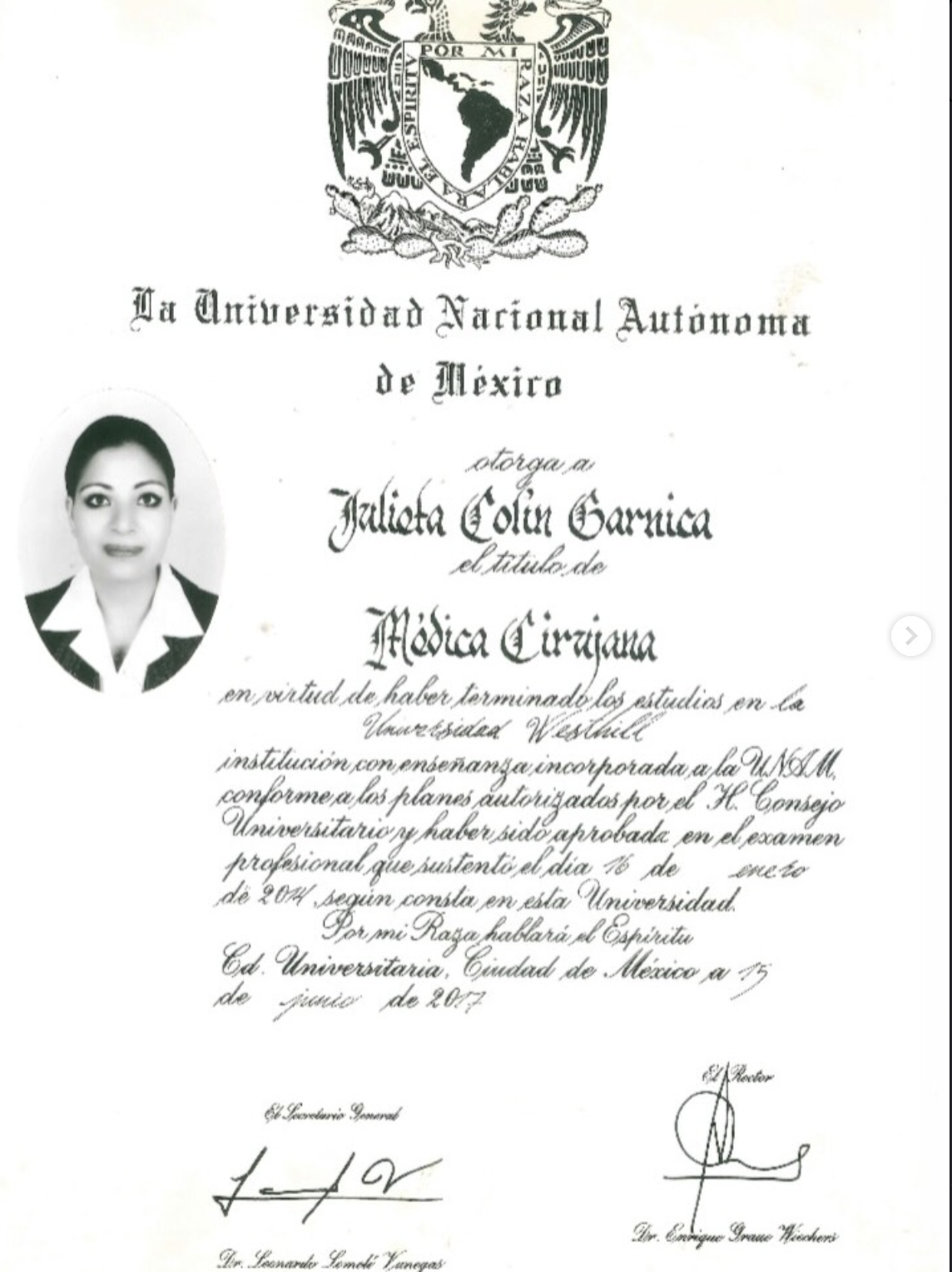 Diploma de Médica Cirujana, Universidad Westhill incorporada a la UNAM